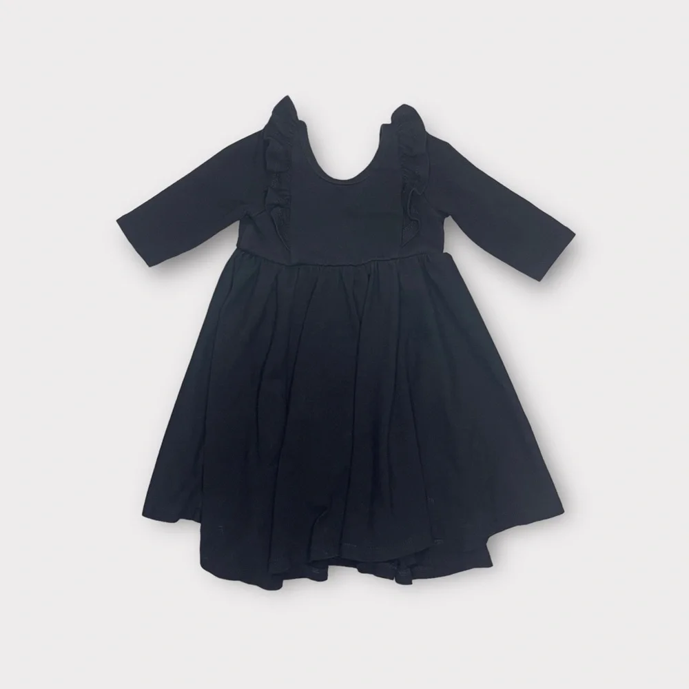 Remie Girl Ruffle Trim Black Twirl Dress